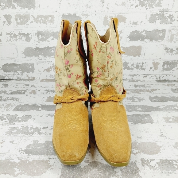 Santa Fe Yellow & Cream Leather Floral Western Heeled Bootie C702 - Picture 3 of 11